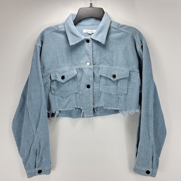 12th Tribe Jackets & Blazers - 12th Tribe Cropped Corduroy Button Jacket Raw Hem Womens Small S Blue Trucker